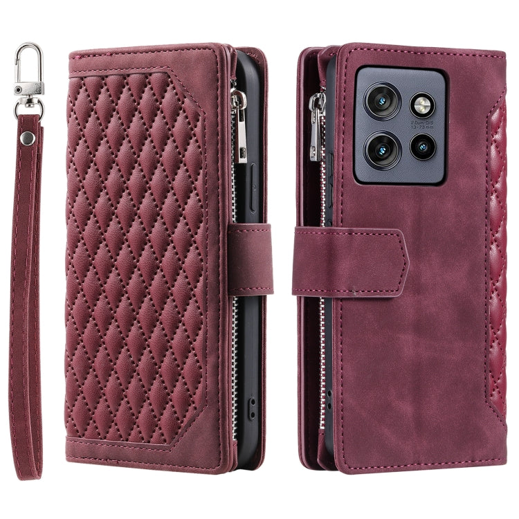 For Motorola Edge 50 Neo Grid Texture Zipper Leather Phone Case with Lanyard