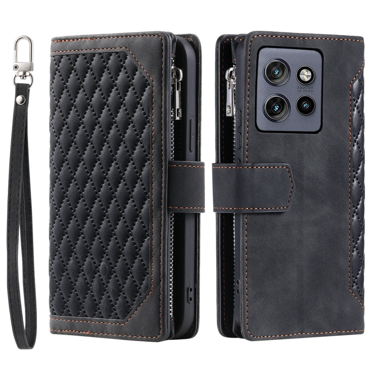 For Motorola Edge 50 Neo Grid Texture Zipper Leather Phone Case with Lanyard