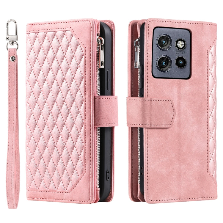 For Motorola Edge 50 Neo Grid Texture Zipper Leather Phone Case with Lanyard