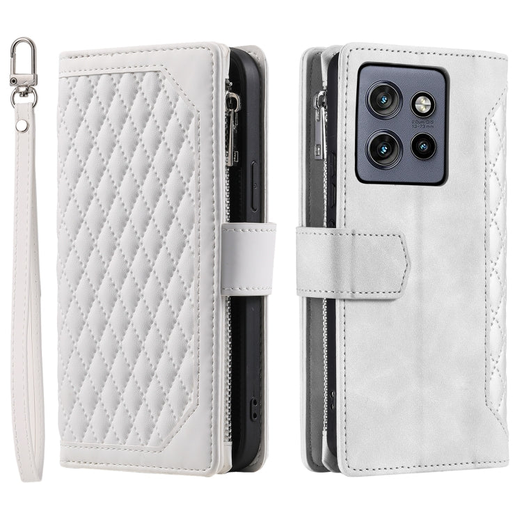 For Motorola Edge 50 Neo Grid Texture Zipper Leather Phone Case with Lanyard