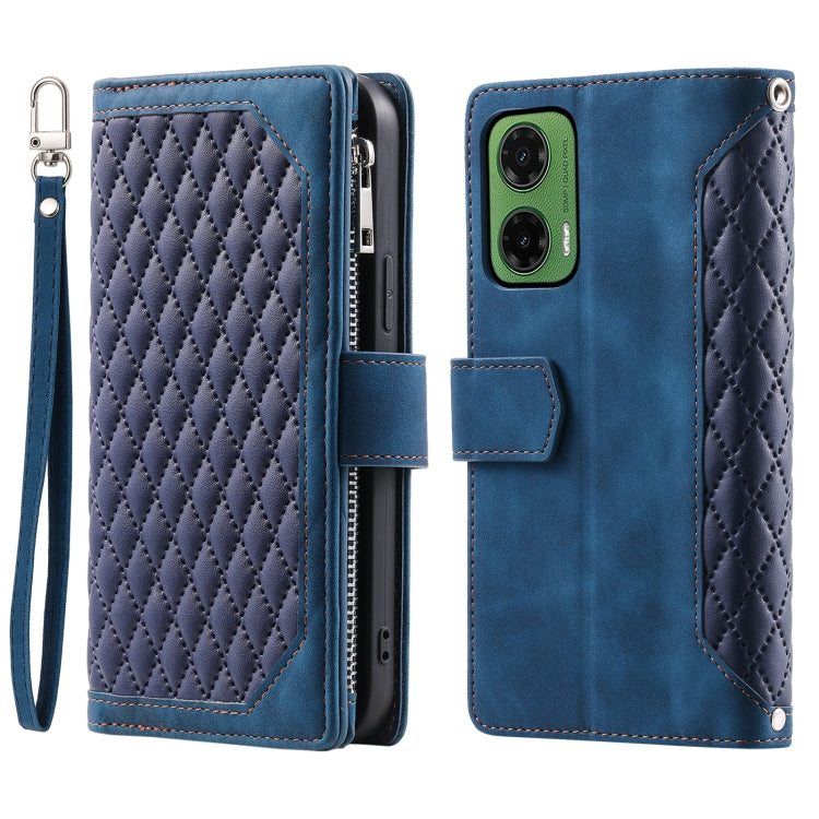 For Motorola Moto G35 Grid Texture Zipper Leather Phone Case with Lanyard