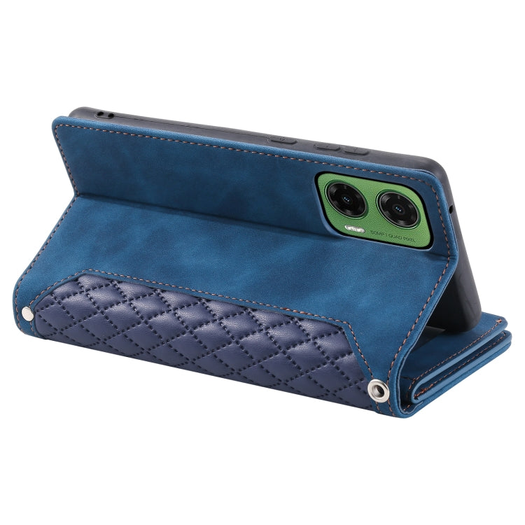 For Motorola Moto G35 Grid Texture Zipper Leather Phone Case with Lanyard