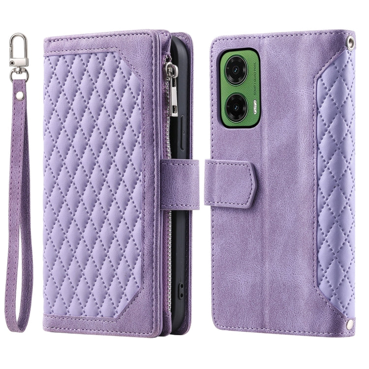 For Motorola Moto G35 Grid Texture Zipper Leather Phone Case with Lanyard