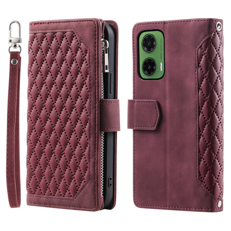 For Motorola Moto G35 Grid Texture Zipper Leather Phone Case with Lanyard