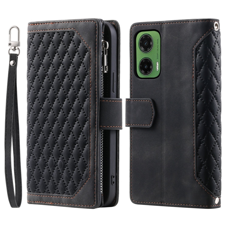For Motorola Moto G35 Grid Texture Zipper Leather Phone Case with Lanyard