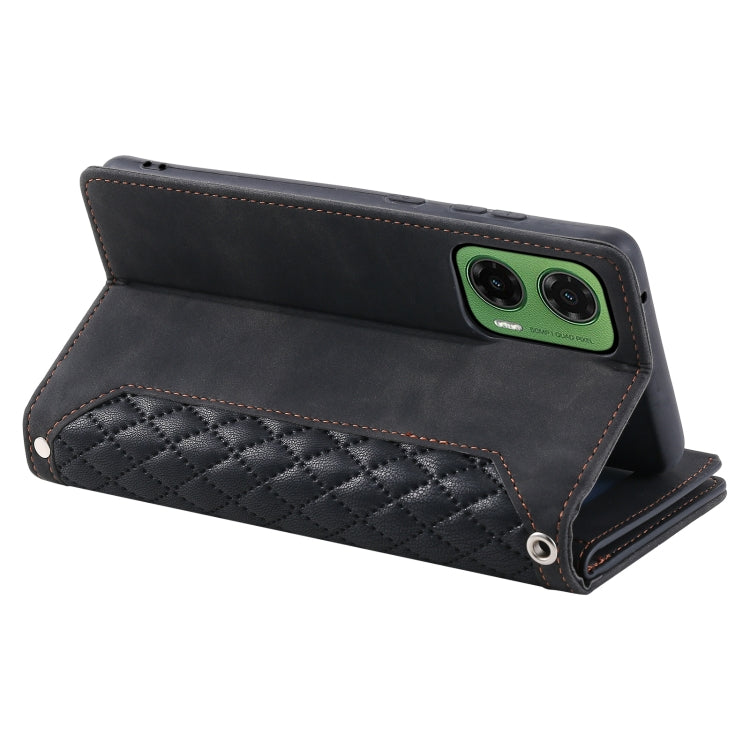 For Motorola Moto G35 Grid Texture Zipper Leather Phone Case with Lanyard
