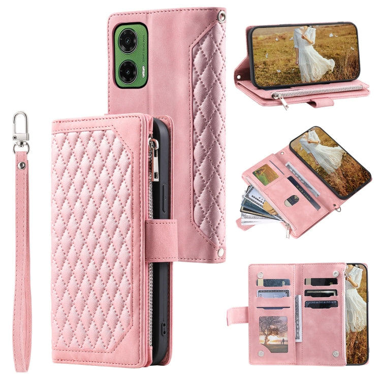 For Motorola Moto G35 Grid Texture Zipper Leather Phone Case with Lanyard