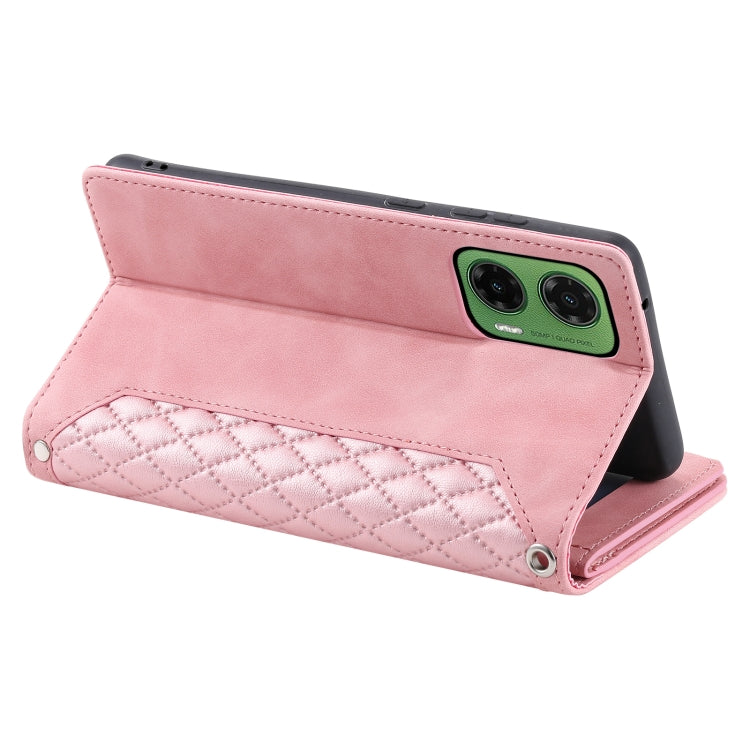 For Motorola Moto G35 Grid Texture Zipper Leather Phone Case with Lanyard