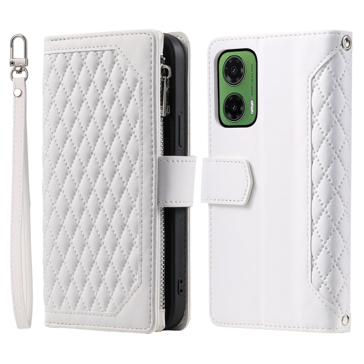 For Motorola Moto G35 Grid Texture Zipper Leather Phone Case with Lanyard