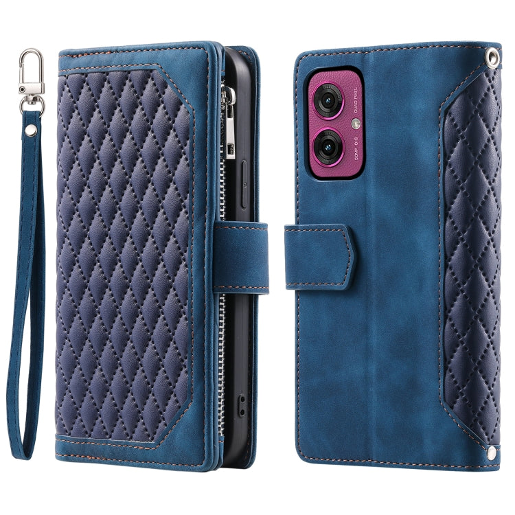 For Motorola Moto G55 Grid Texture Zipper Leather Phone Case with Lanyard