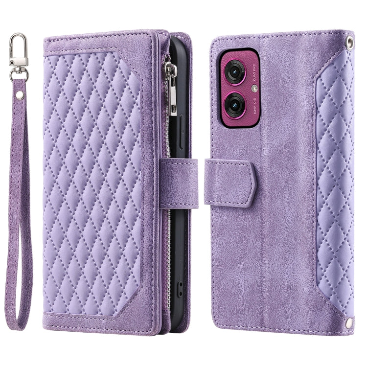 For Motorola Moto G55 Grid Texture Zipper Leather Phone Case with Lanyard