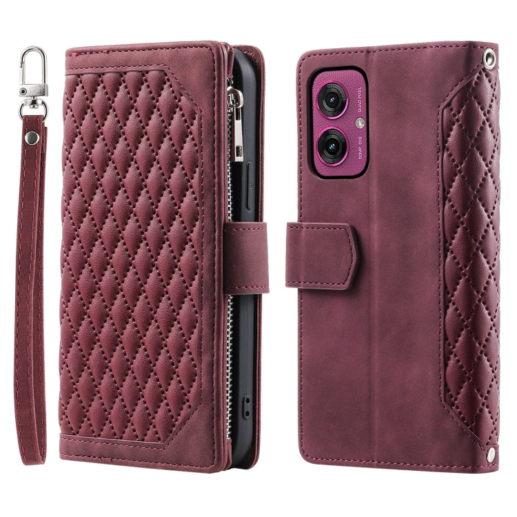 For Motorola Moto G55 Grid Texture Zipper Leather Phone Case with Lanyard