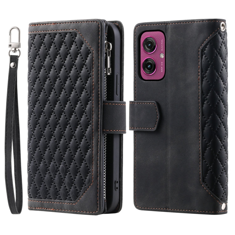 For Motorola Moto G55 Grid Texture Zipper Leather Phone Case with Lanyard
