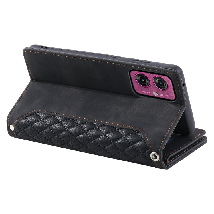 For Motorola Moto G55 Grid Texture Zipper Leather Phone Case with Lanyard