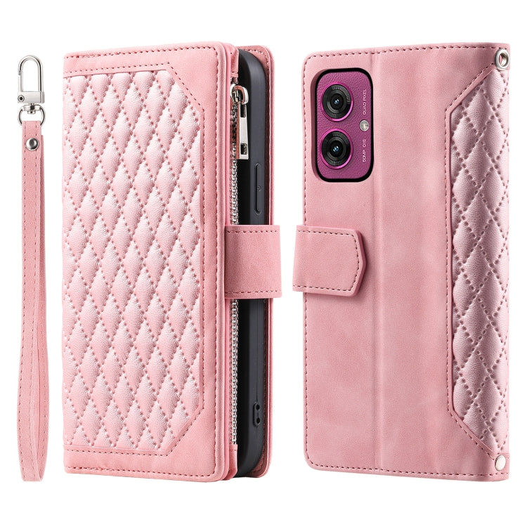 For Motorola Moto G55 Grid Texture Zipper Leather Phone Case with Lanyard