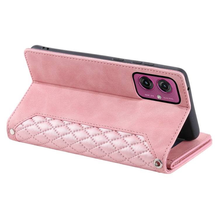 For Motorola Moto G55 Grid Texture Zipper Leather Phone Case with Lanyard