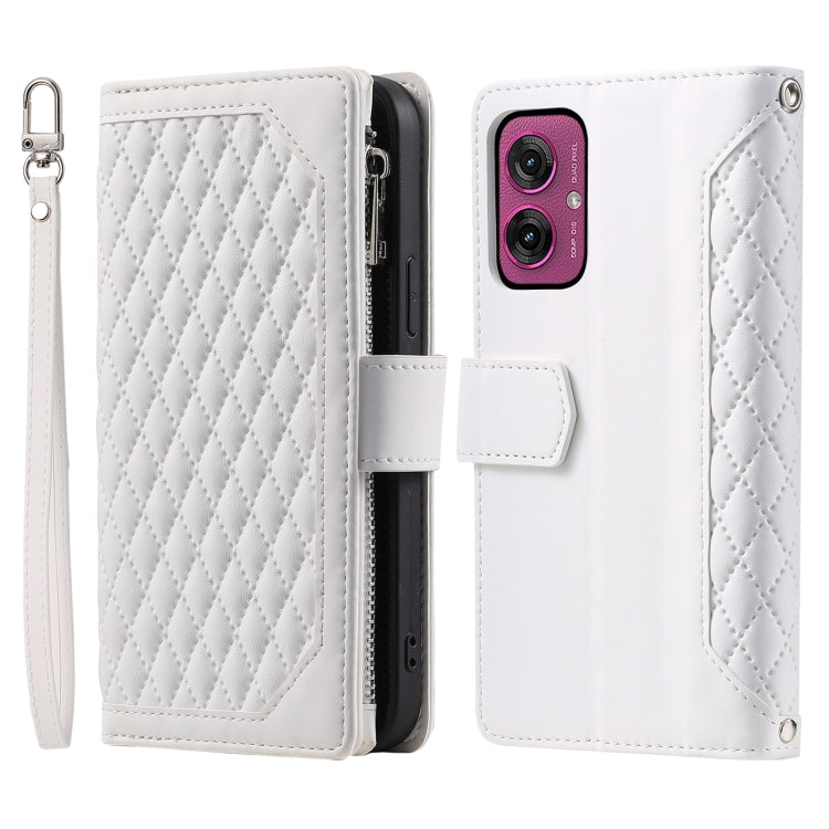 For Motorola Moto G55 Grid Texture Zipper Leather Phone Case with Lanyard