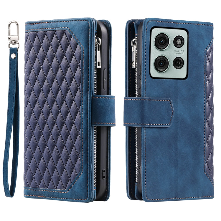 For Motorola Moto G75 5G Grid Texture Zipper Leather Phone Case with Lanyard