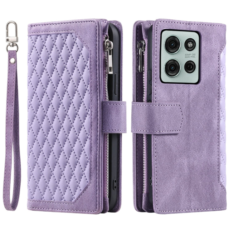 For Motorola Moto G75 5G Grid Texture Zipper Leather Phone Case with Lanyard