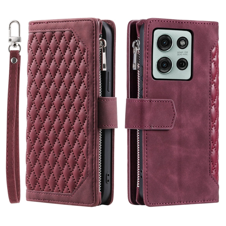 For Motorola Moto G75 5G Grid Texture Zipper Leather Phone Case with Lanyard