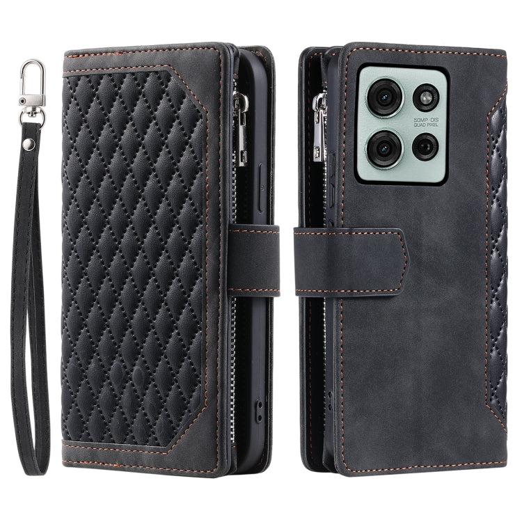 For Motorola Moto G75 5G Grid Texture Zipper Leather Phone Case with Lanyard