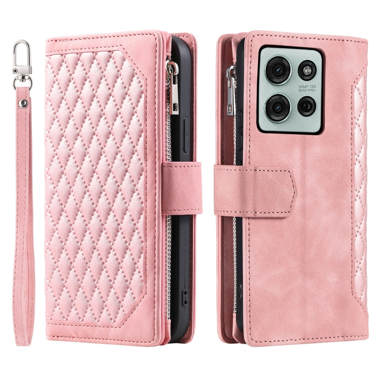 For Motorola Moto G75 5G Grid Texture Zipper Leather Phone Case with Lanyard