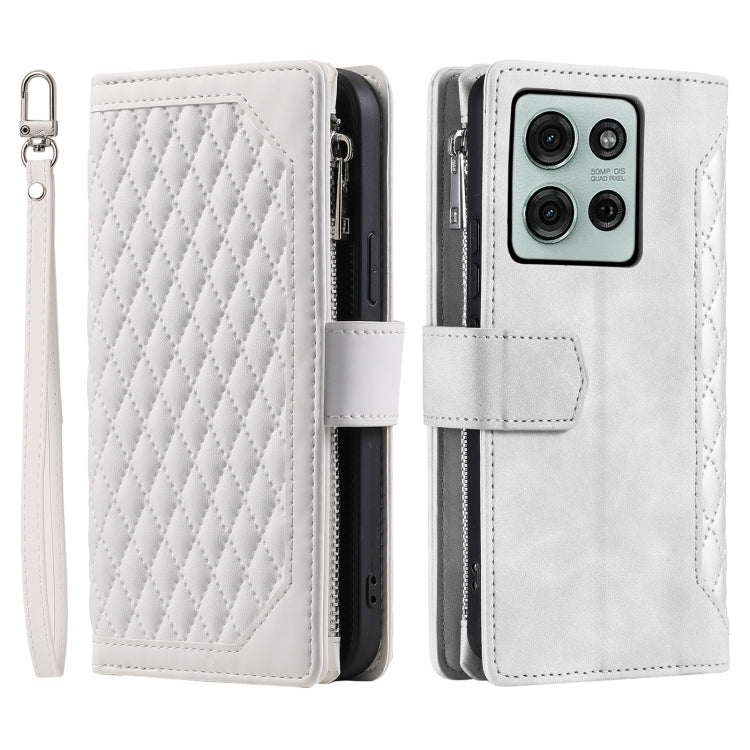 For Motorola Moto G75 5G Grid Texture Zipper Leather Phone Case with Lanyard