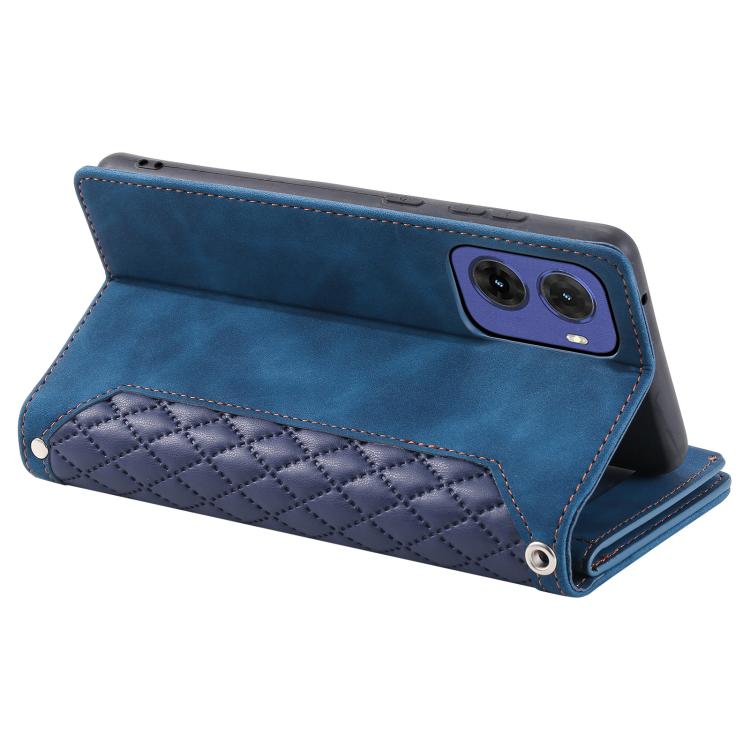 For Motorola Moto G05 Grid Texture Zipper Leather Phone Case with Lanyard