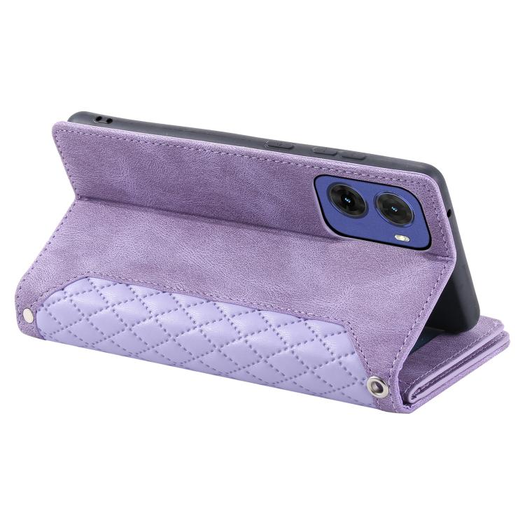 For Motorola Moto G05 Grid Texture Zipper Leather Phone Case with Lanyard