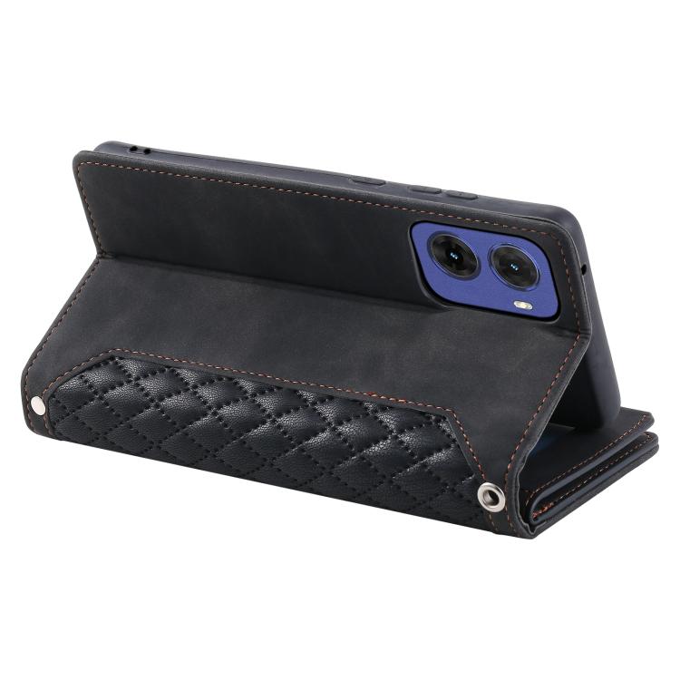 For Motorola Moto G05 Grid Texture Zipper Leather Phone Case with Lanyard