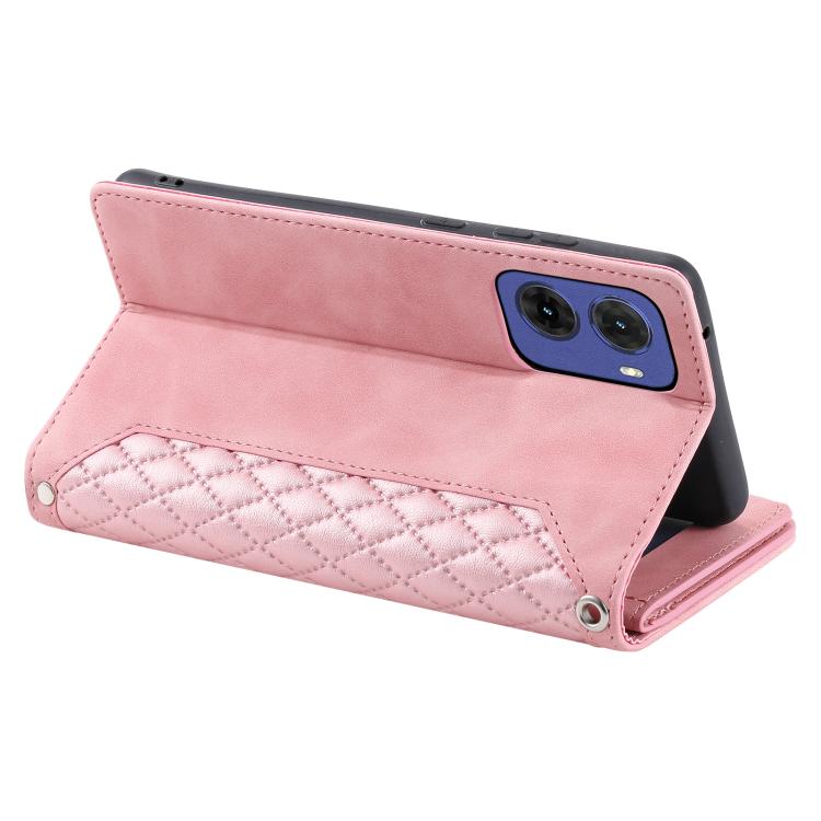 For Motorola Moto G05 Grid Texture Zipper Leather Phone Case with Lanyard