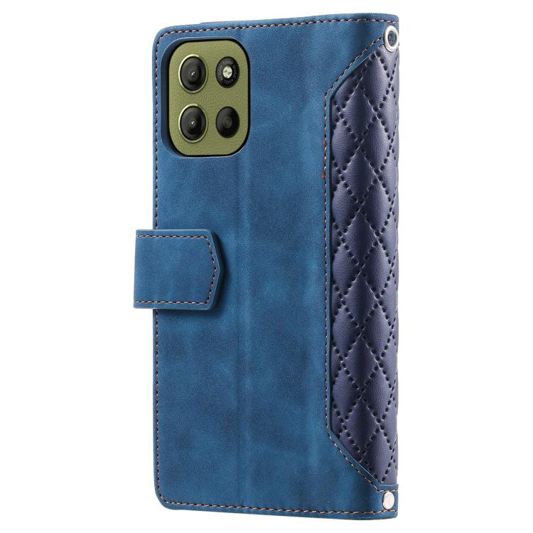 For Motorola Moto G15 Grid Texture Zipper Leather Phone Case with Lanyard