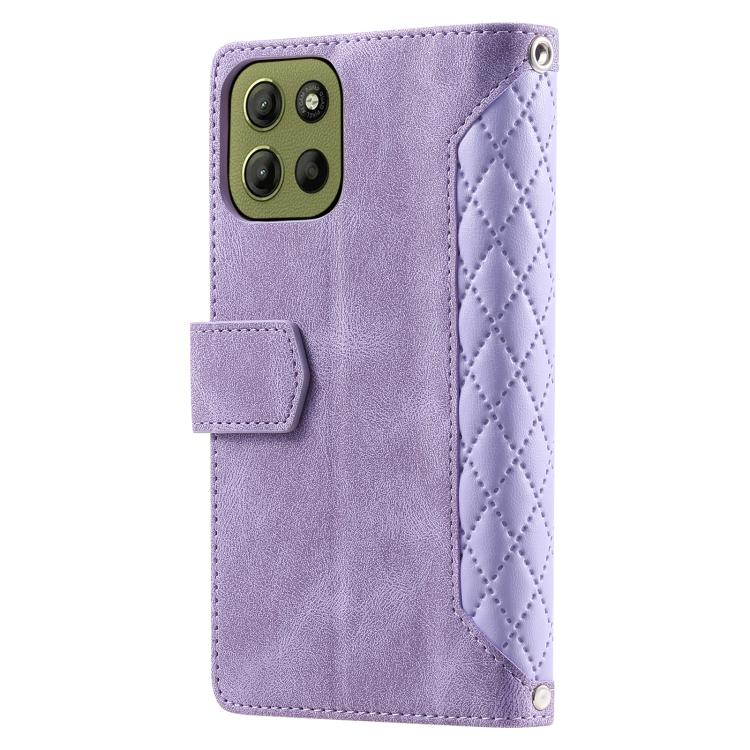 For Motorola Moto G15 Grid Texture Zipper Leather Phone Case with Lanyard