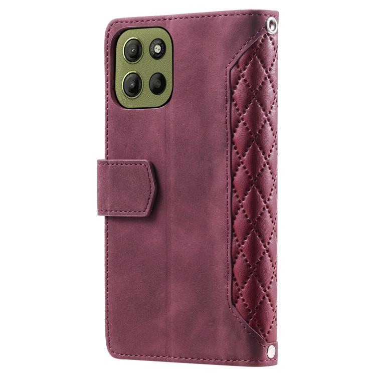 For Motorola Moto G15 Grid Texture Zipper Leather Phone Case with Lanyard