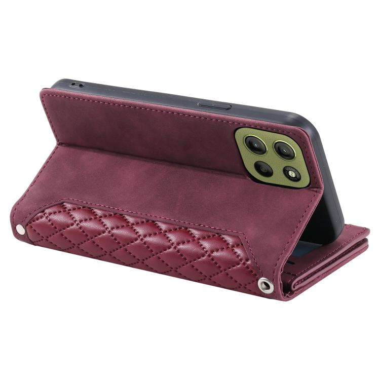 For Motorola Moto G15 Grid Texture Zipper Leather Phone Case with Lanyard