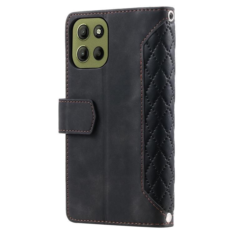For Motorola Moto G15 Grid Texture Zipper Leather Phone Case with Lanyard