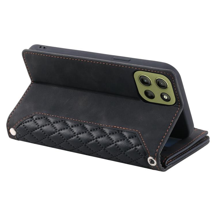 For Motorola Moto G15 Grid Texture Zipper Leather Phone Case with Lanyard
