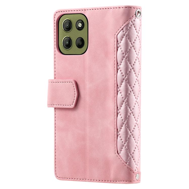 For Motorola Moto G15 Grid Texture Zipper Leather Phone Case with Lanyard