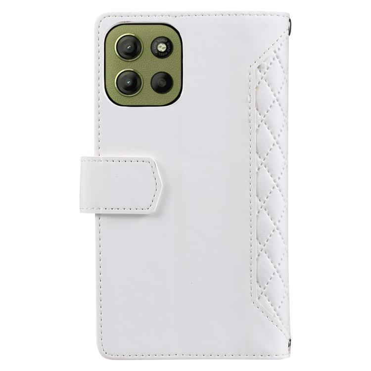 For Motorola Moto G15 Grid Texture Zipper Leather Phone Case with Lanyard