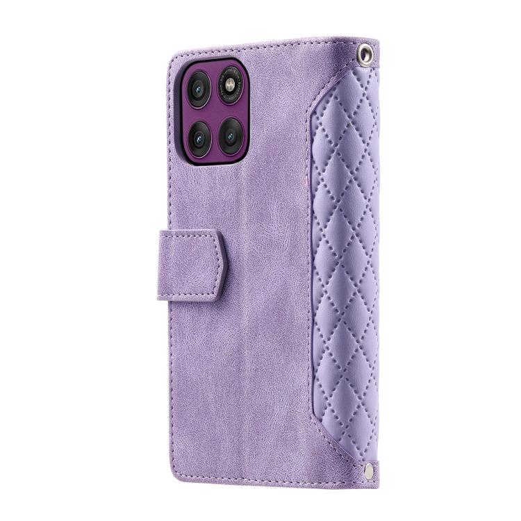 For Motorola Edge 60 Pro Grid Texture Zipper Leather Phone Case with Lanyard