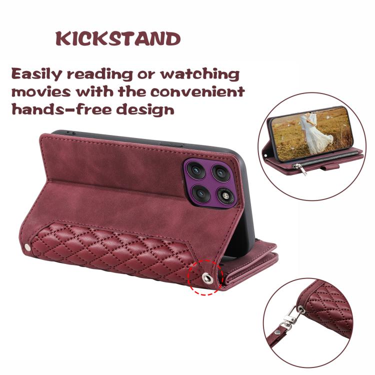 For Motorola Edge 60 Pro Grid Texture Zipper Leather Phone Case with Lanyard