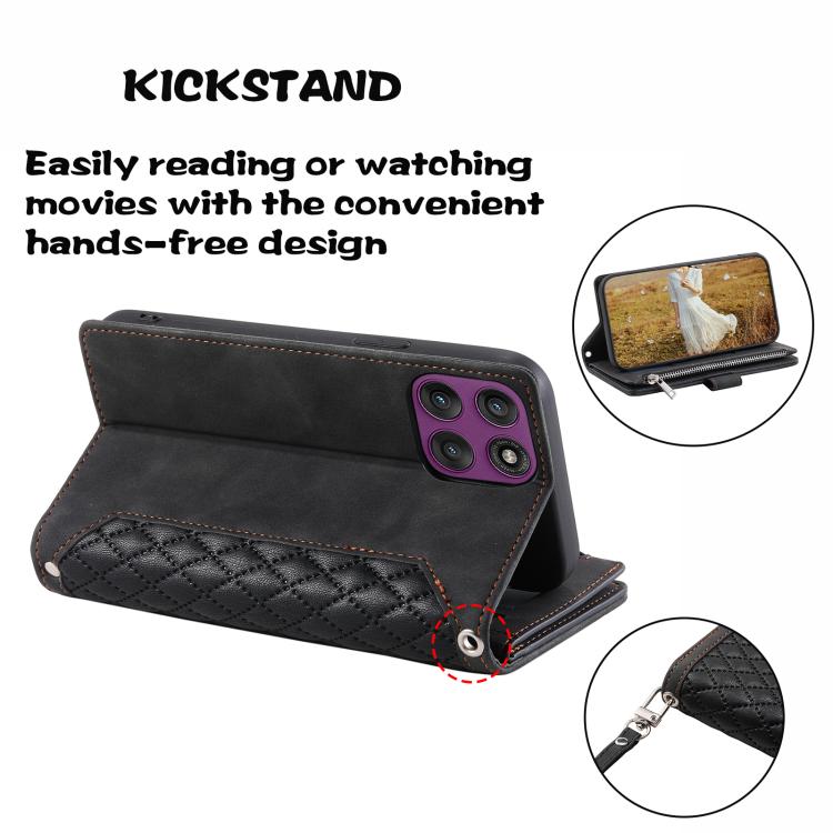 For Motorola Edge 60 Pro Grid Texture Zipper Leather Phone Case with Lanyard