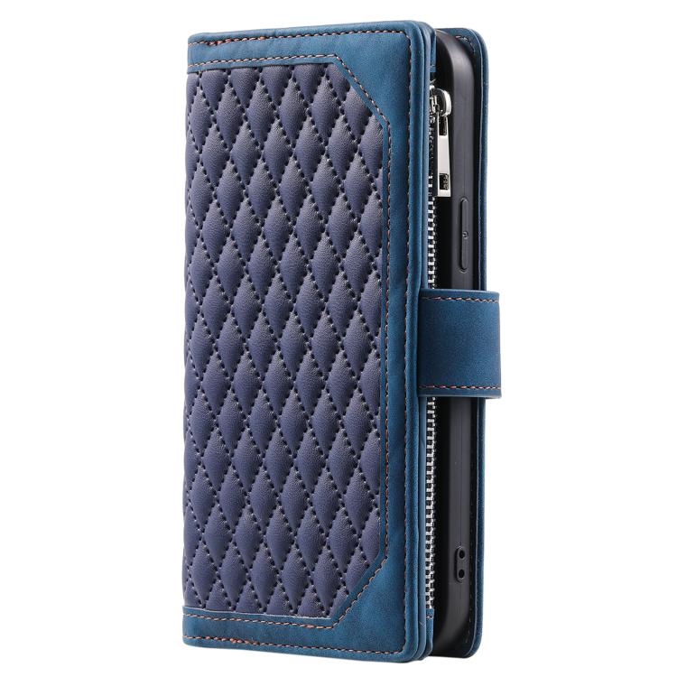 For Motorola Moto G06 4G Grid Texture Zipper Leather Phone Case with Lanyard
