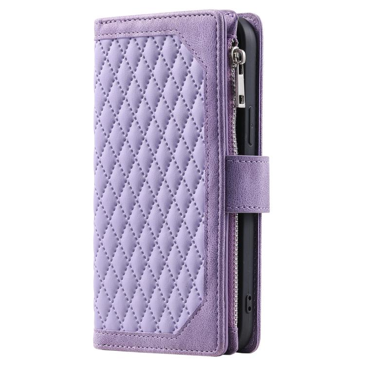 For Motorola Moto G06 4G Grid Texture Zipper Leather Phone Case with Lanyard