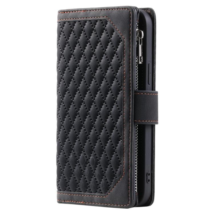 For Motorola Moto G06 4G Grid Texture Zipper Leather Phone Case with Lanyard