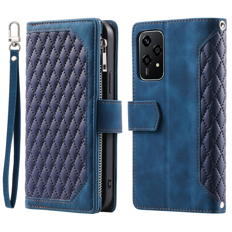 For Honor 200 Lite Grid Texture Zipper Leather Phone Case with Lanyard