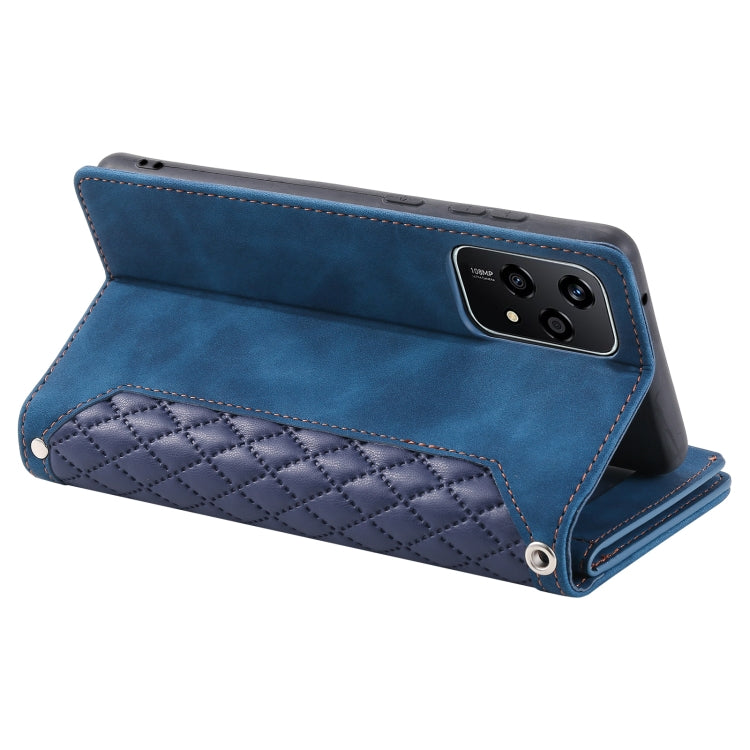 For Honor 200 Lite Grid Texture Zipper Leather Phone Case with Lanyard