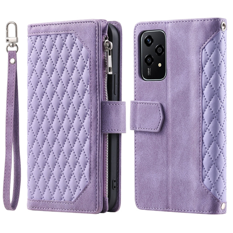 For Honor 200 Lite Grid Texture Zipper Leather Phone Case with Lanyard