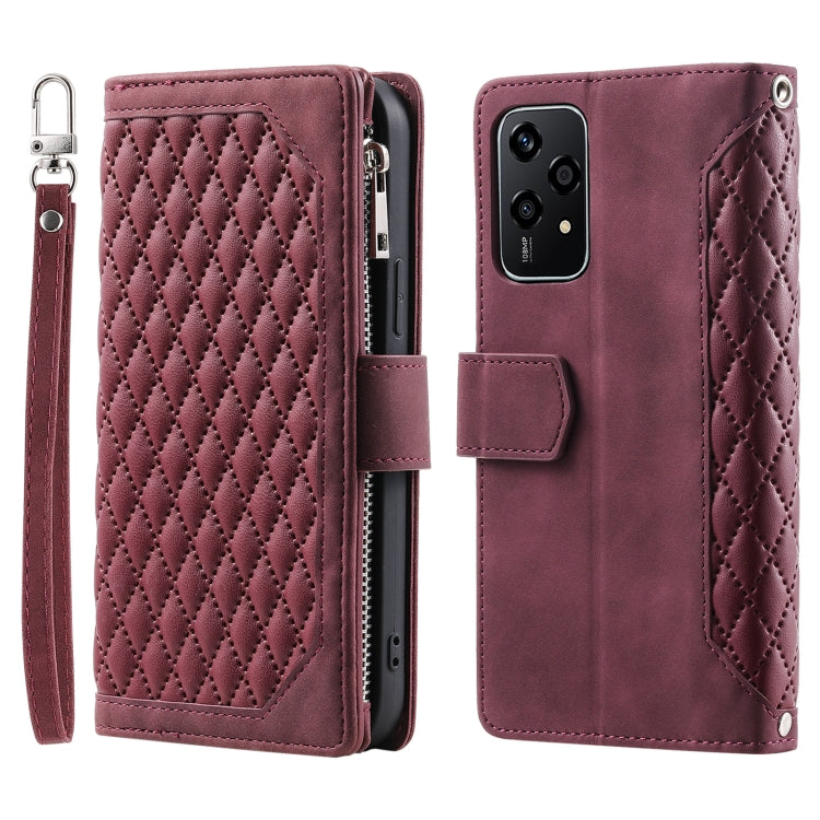 For Honor 200 Lite Grid Texture Zipper Leather Phone Case with Lanyard