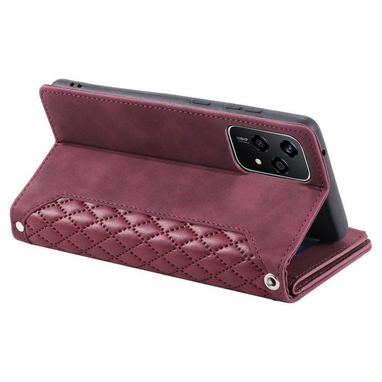 For Honor 200 Lite Grid Texture Zipper Leather Phone Case with Lanyard